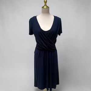 Kindred Bravely Wrap Front Midi Dress Lg Navy Blue Jersey Stretch Nursing Casual